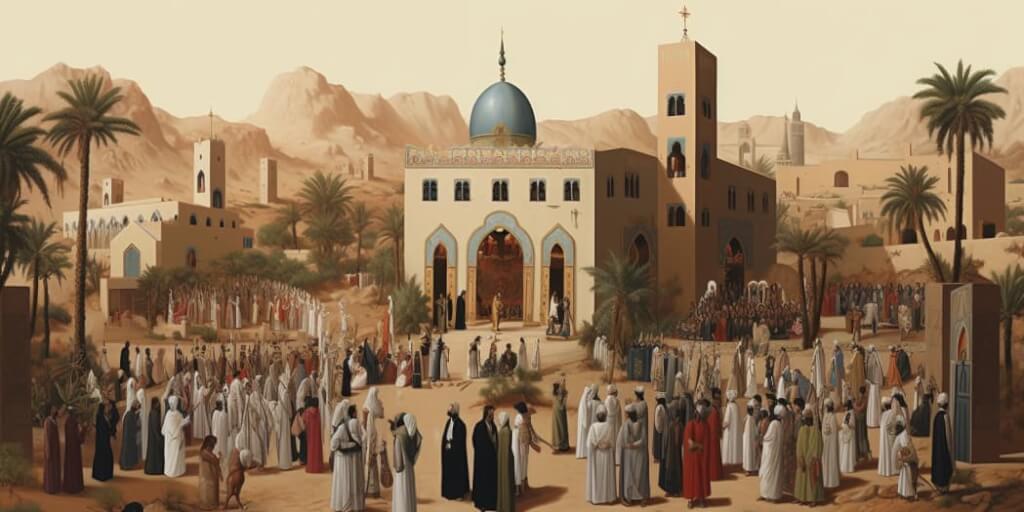 An illustration featuring a crowd of Arab people gathered outside a mosque.
