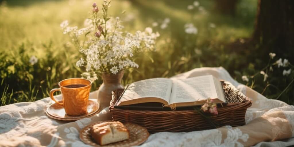 A picnic scene featuring a book, a refreshing cup of drink, a loaf of bread, and a bouquet of flowers