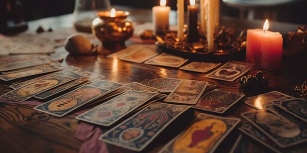 Table with tarot cards, candles, and other paraphernalia.