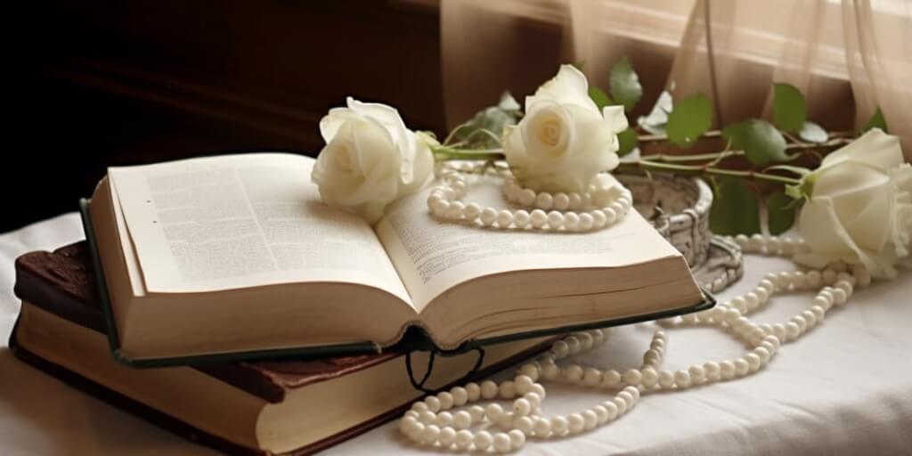 Two books on a table with pearls and white roses