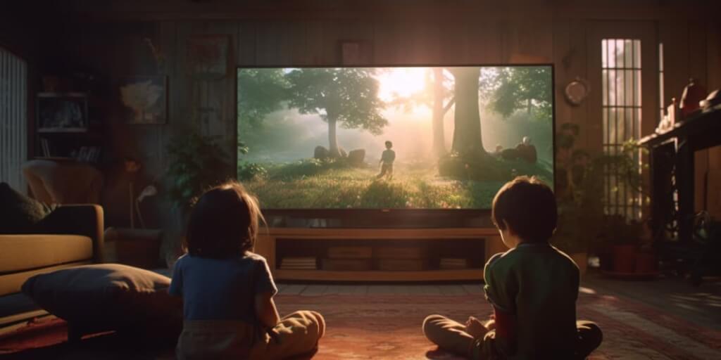 Two kids watching TV on the living room floor.