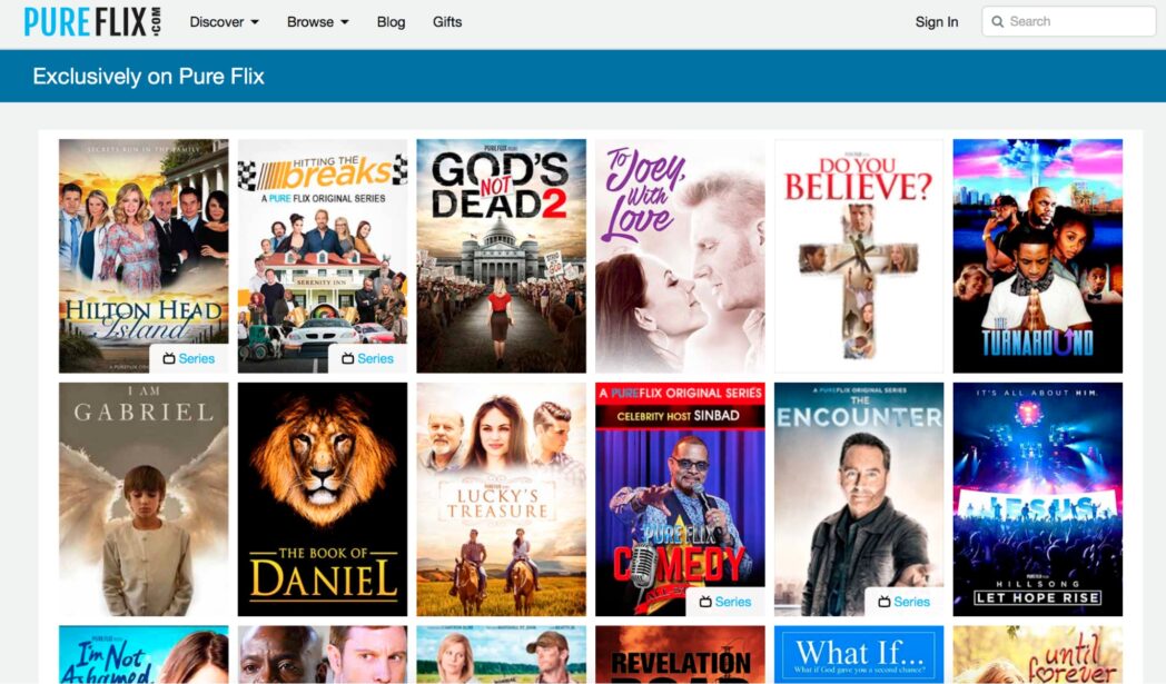 A screenshot displaying the Pureflix home screen featuring a variety of Christian shows.