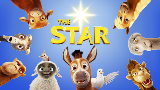 Movie cover of 'The Star' (2017). Blue background, animals looking down, and title 'The Star' in the middle.
