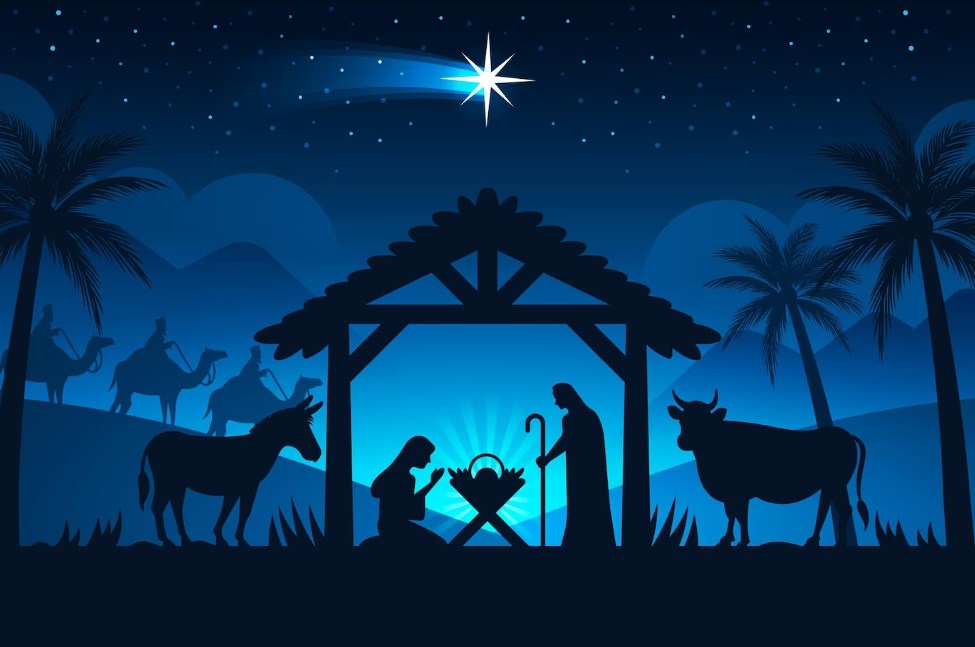 a silhouette depiction of the nativity scene in the night