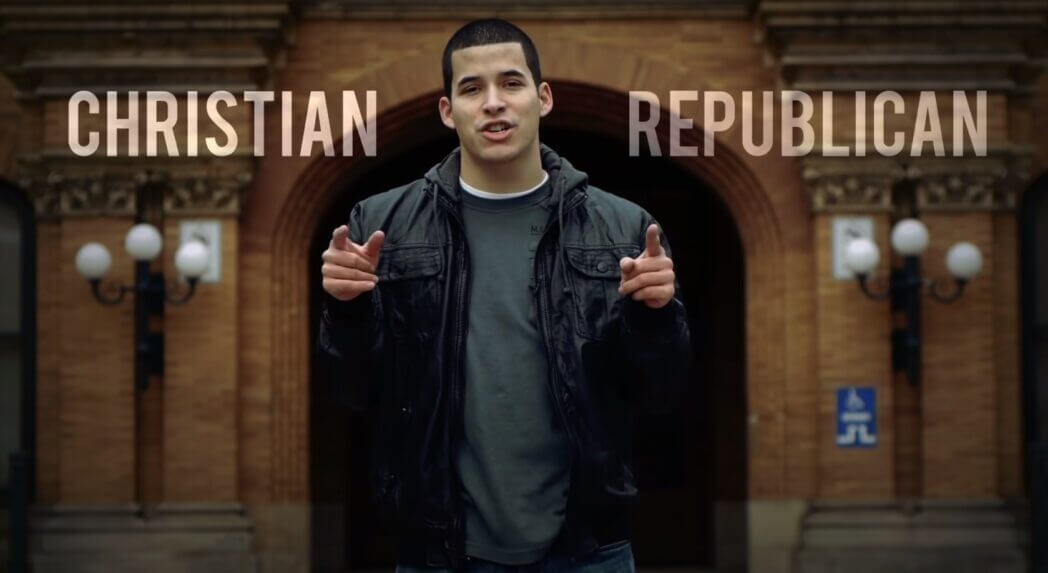 a shot of Jefferson Bethke standing in front of the stone ark with “Christian” and “Republican” words