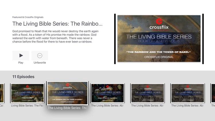 A screenshot of the CrossFlix website displaying a Christian show, including a description and its episodes.