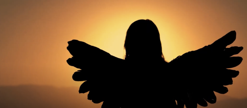 Silhouette of a winged girl against a sunset-like background.