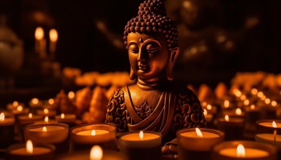 candlelights and a Buddha statue symbolize tranquil harmony
