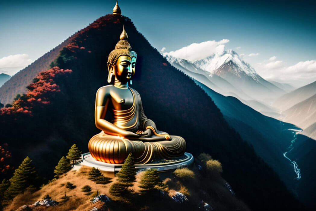 A statue of Budda on a mountain top