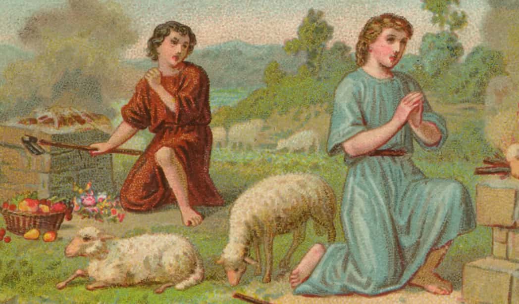 Two children in historical clothing with a sheep and a grill in a pastoral scene