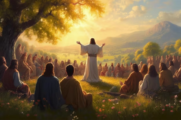 Jesus Christ preaches a sermon to a crowd of believers