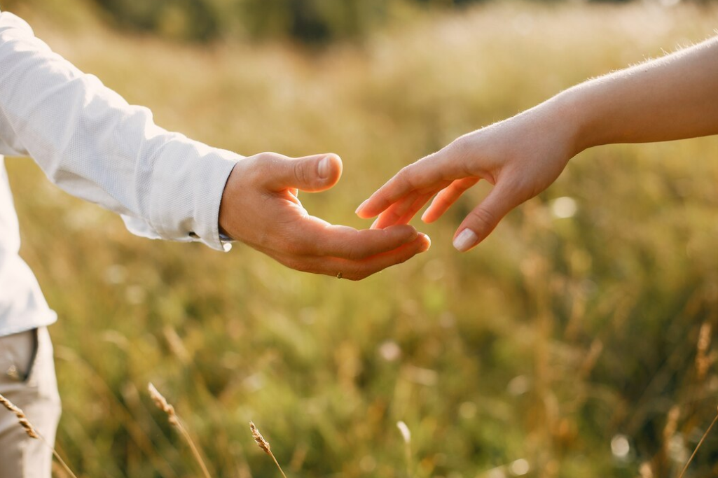 Two hands almost touching in a field, symbolizing connection