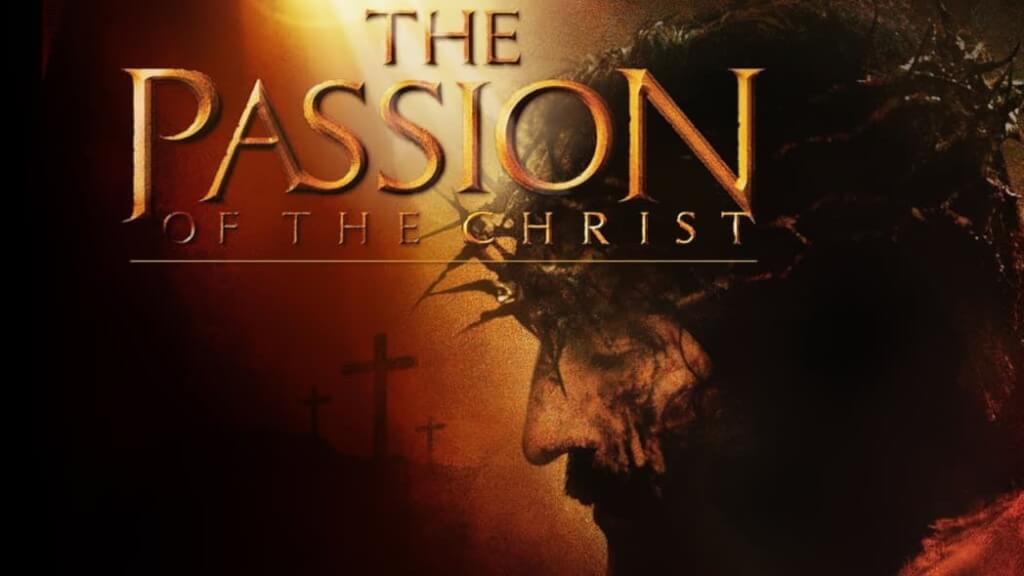 Movie cover of The Passion of the Christ (2004) featuring a side view of Jesus Christ wearing a crown of thorns against a dark and reddish background.