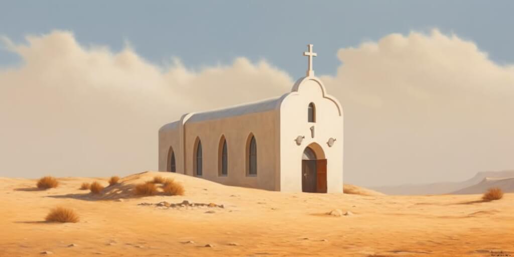 Illustration of a white building with a cross on top, standing in the desert.