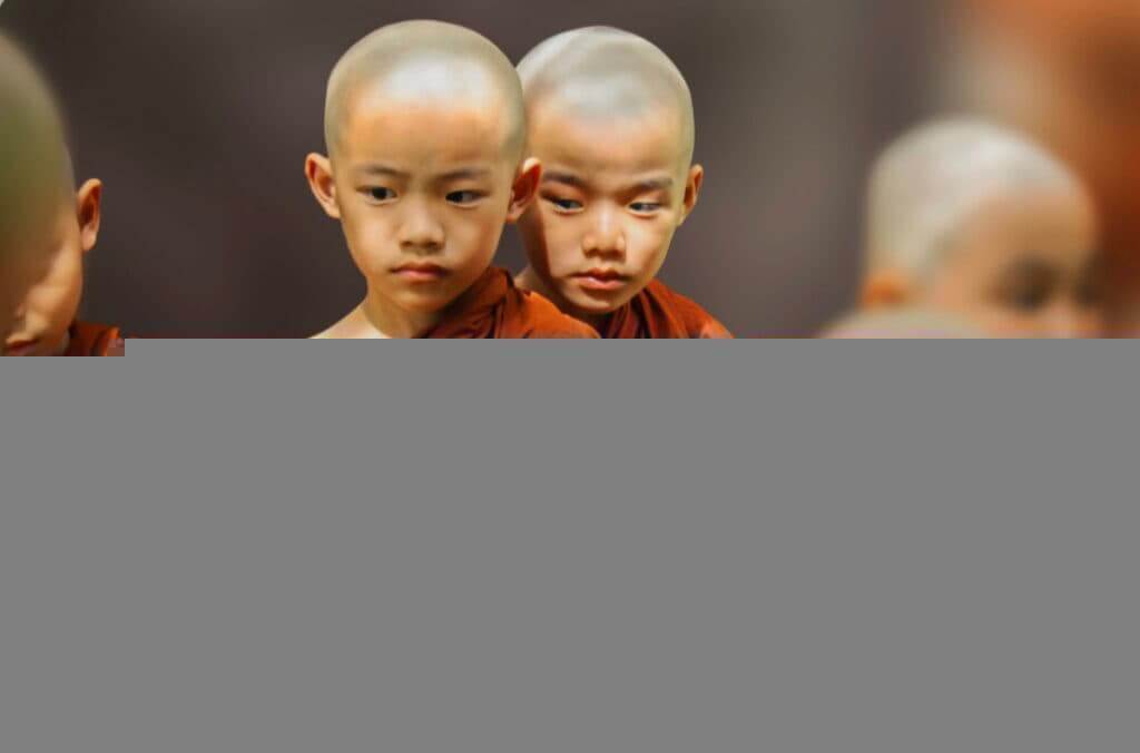 Two young Buddhist monks with shaved heads, wearing traditional orange robes
