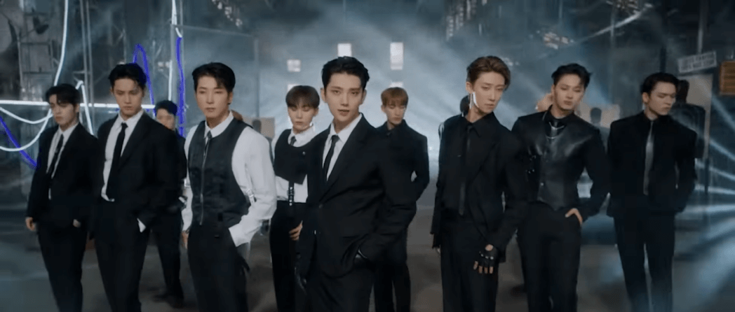 men in black and white classic clothing looking ahead, white studio lights behind in the room with the fume