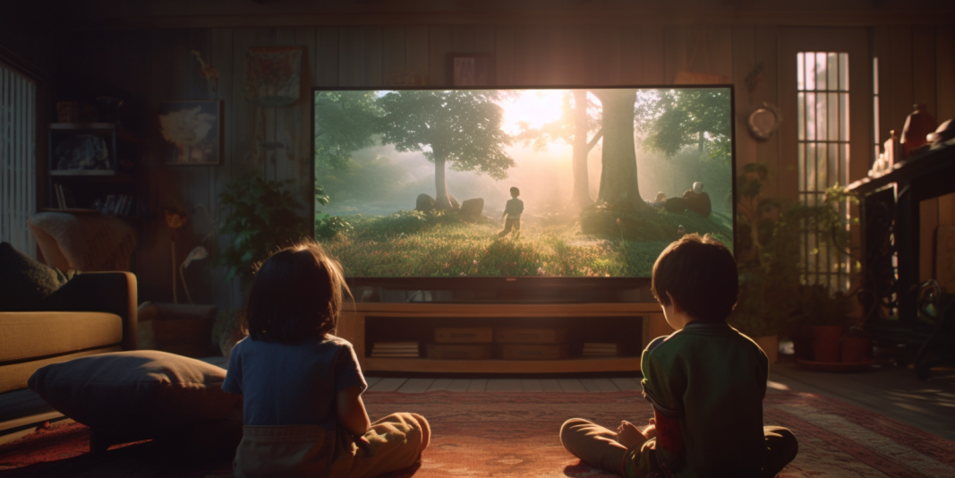 Two kids watching TV on the living room floor.